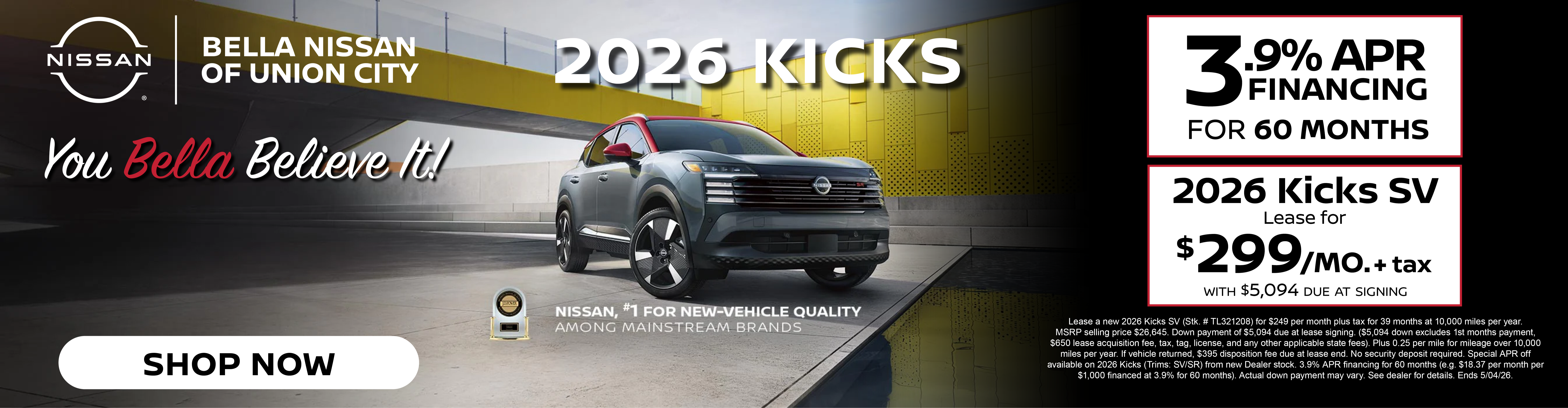 2026 Kicks - Payments as low as $299/mo. - Now at Bella Nissan of Union City